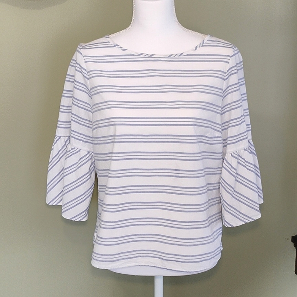 J. Crew Cotton Top Blue & White Stripes Lightweight Back Bow Tie Size 8